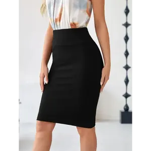 Elegant High-Waisted Pencil Skirt for Women - Solid Black, Stretchy Polyester, Machine Washable, Knee-Length with Side Pockets, Form-Fitting Design Office or Casual Wear, High Waisted Bottom Chic Fabric Womenswear Palda