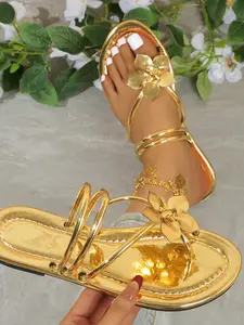 Women's Flat Dress Sandals, Elegant Sandals, Flower Decoration Thin Strap Bohemian Style Toe Thong Slip-On Five Colors Gold Silver Gift