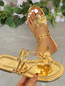 Women's Flat Dress Sandals, Elegant Sandals, Embellished Sandals, Flower Decoration Thin Strap Bohemian Style Toe Thong Slip-On Five Colors Gold Silver Gift