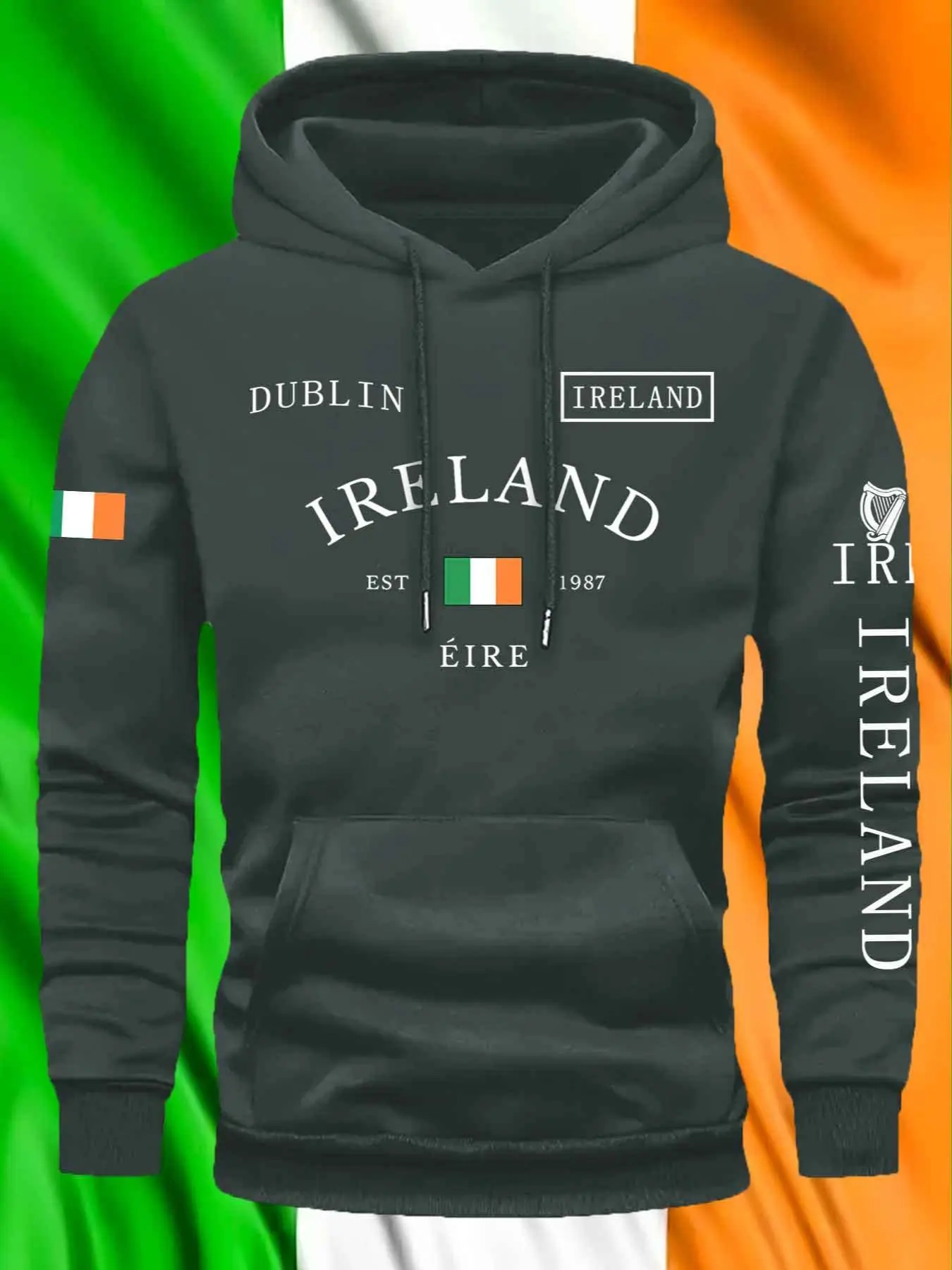 Unisex Fall & Winter Hoodie Sweatshirts, Irish Flag Dublin Pattern, Geometric Design, Front Pocket, Casual Street Style