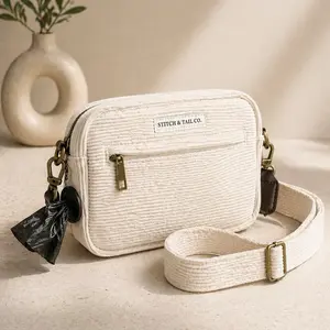 Dog Walking Bag - Premium Corduroy Everyday Carry with Zip-Away Water Bottle Holder & Discreet Bag Compartment (Ivory), complete with Adjustable strap by Stitch & Tail Co