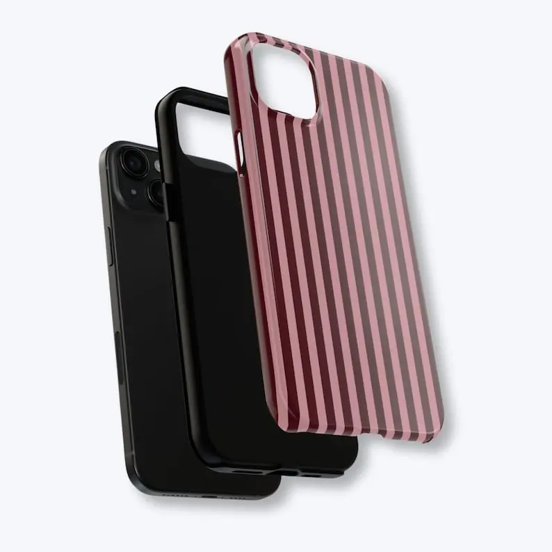 Burgundy & Pink Stripe Slim Tough Smartphone Case - Polycarbonate TPU Impact Protection for Handheld Cellphone Devices: iPhone 17 ProMax, 16 Plus, 15 Pro Max, 14, 13, 12, 11; Samsung Galaxy S22, S23, S24, S25 Ultra 5G; Google Pixel - Ideal Gift