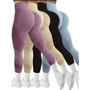 4-piece Set Stretch Slim Fit Fitness Sports Pants, Seamless Striped Women's Yoga Leggings, Women's Sportswear