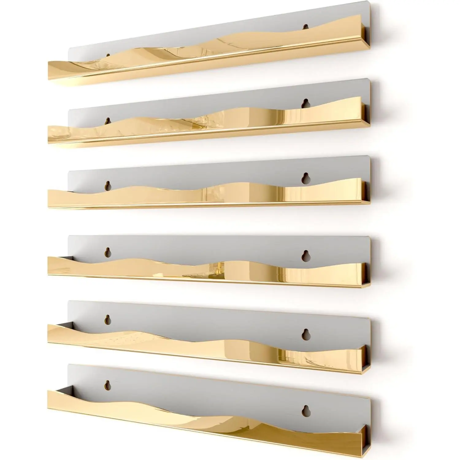 Gold 15 In Makeup Organizer Shelf Set (6-Pack), Wall-Mounted Nail Polish Storage Rack with Easy Installation for Small Space Vanity Decor