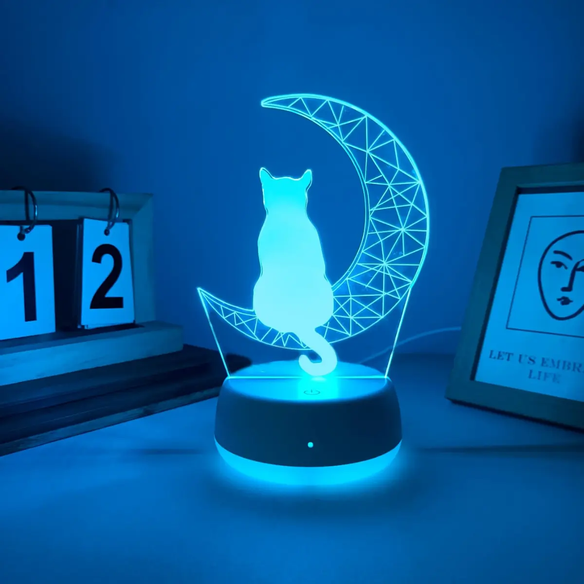 Lonely Moon Cat 3D Night Light, USB Powered Touch Switch, Seven Colors Changing, Soft Glowing, Ideal Gift for Family & Friends