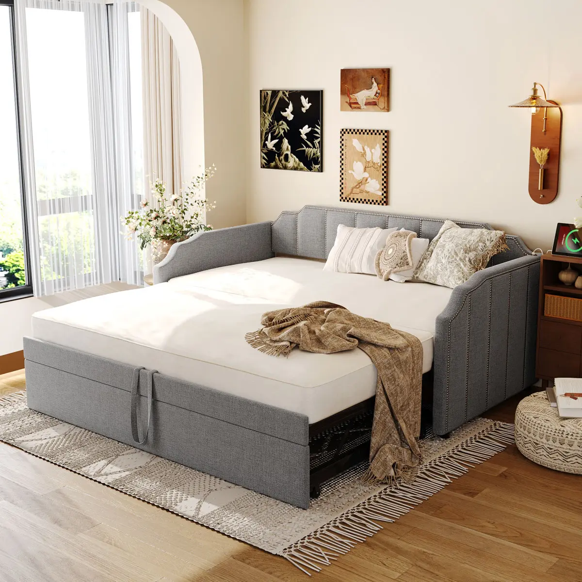 Twin Size Upholstered Daybed Frame with Pop-Up Trundle & USB Charging Ports, No Box Spring Needed, Gray