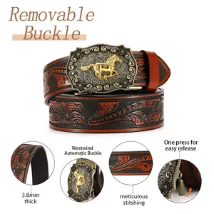 Men’s Classic American West Cowboy Embossed Leather Belt With Adjustable Ratchet Design, Distressed Silver Hardware And Golden Horse Motif, Thoughtful Present For Festivals