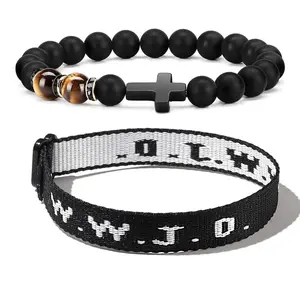 WWJD Cross Bracelet for Couples Unisex Christian Beaded Bracelet for Prayer Meditation Faith Message Clay Bead Jewelry for Everyday Reminder Gift