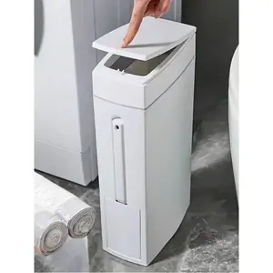 Slim Space Saving Bathroom Trash Can with Lid and Toilet Brush Holder Bathroom Accessory Bathroom Space Saver Perfect for Narrow Bathrooms Ideal Storage Solution