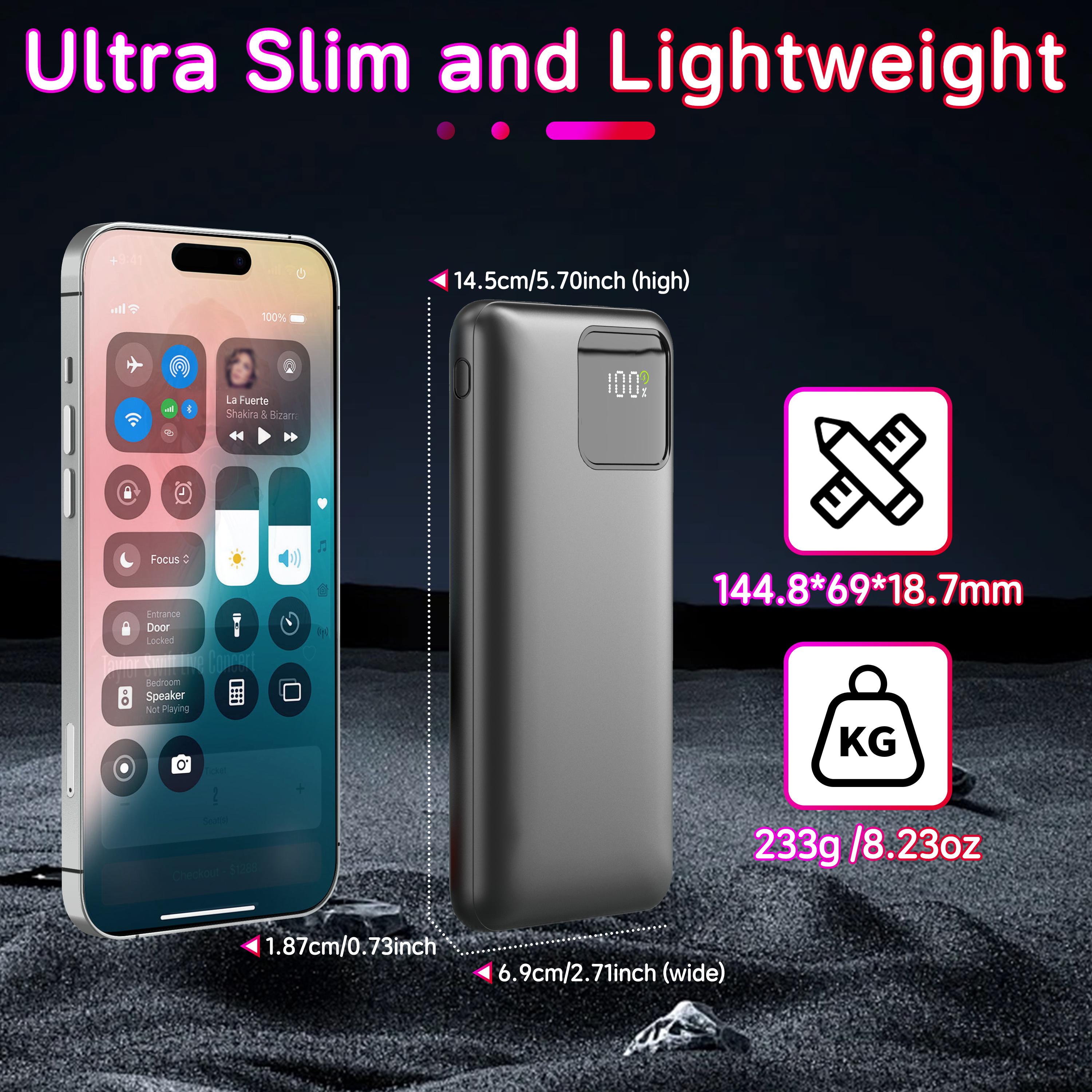 Slim Travel Battery Pack 10000mAh, Portable Charger with Built-in Cables, 4 Outputs 2 Inputs, 22.5W Fast Charging for iPhone, Samsung, Google Pixel Power Bank Electronics Accessories