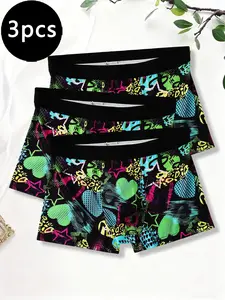 Trendy Men's Colorful Cartoon Graffiti Underwear, Fashionable All-Season Boyshorts, Comfortable Breathable Trunk, 3-Pack Casual Gym Shorts