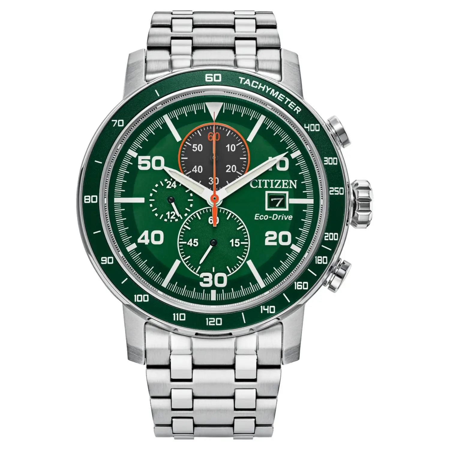 Citizen Men's Brycen Chronograph Watch CA0851-56X, Green Dial, Stainless Steel Bracelet, Eco-Drive Solar Power, 100m Water Resistant, Men's Accessories