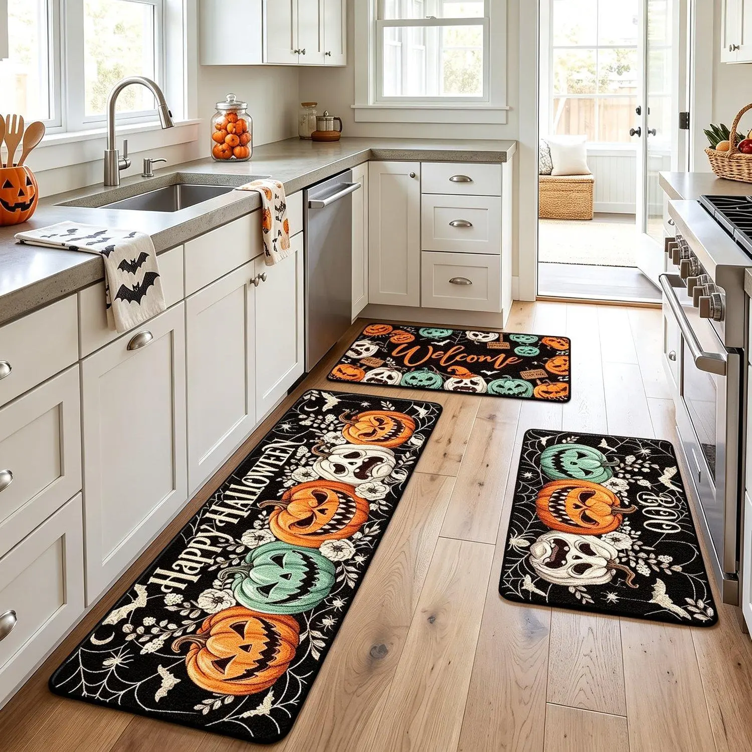 1PCS Halloween Kitchen Mats Spooky Pumpkin Kitchen Rugs Absorbent, Non-Slip, Floor Mat, Halloween Holiday Indoor Sink Laundry Home Floor Decorations