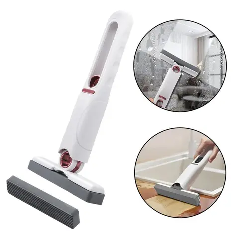 Self Squeezing Mini Sponge Mop Set - Sturdy, Easy Wring Handle, 2 Washable Cotton Sponge Heads, Lightweight Wet/Dry Hard Floor Cleaner for Home Bathroom, Kitchen Multi-Surface Care