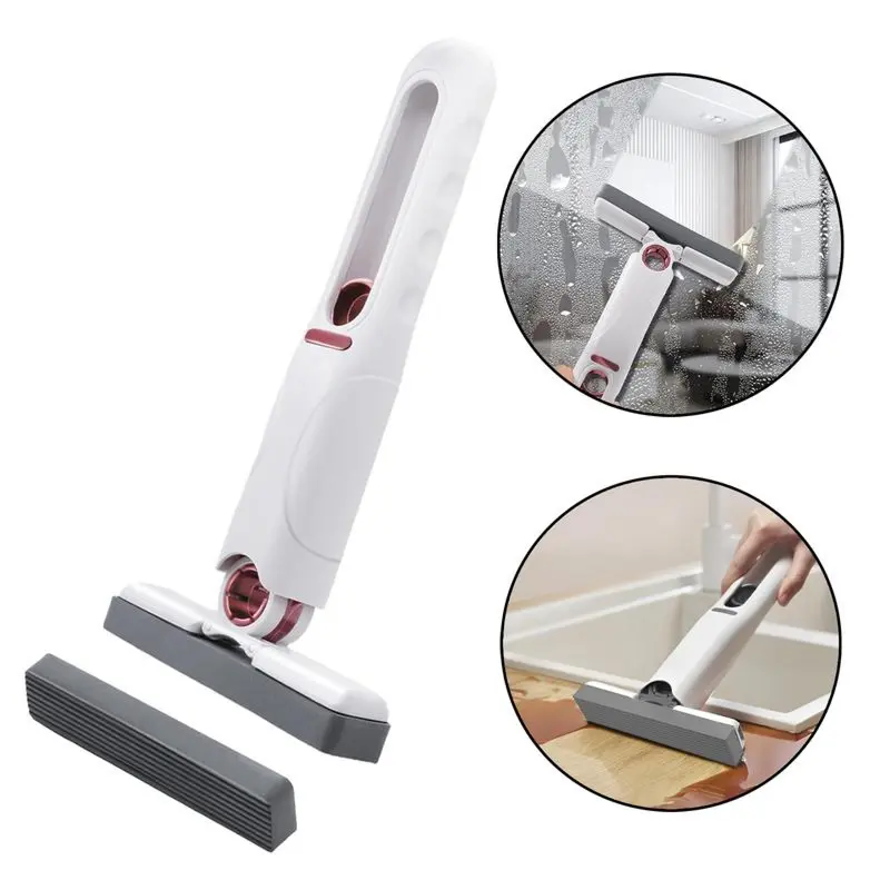 Self Squeezing Mini Sponge Mop Set - Sturdy, Easy Wring Handle, 2 Washable Cotton Sponge Heads, Lightweight Wet/Dry Hard Floor Cleaner for Home Bathroom, Kitchen Multi-Surface Care