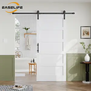 Easelife White Sliding Barn Door with Black Hardware Kit for Bathroom or Bedroom – 5-Panel Modern Interior Door, Space-Saving and Easy to Install