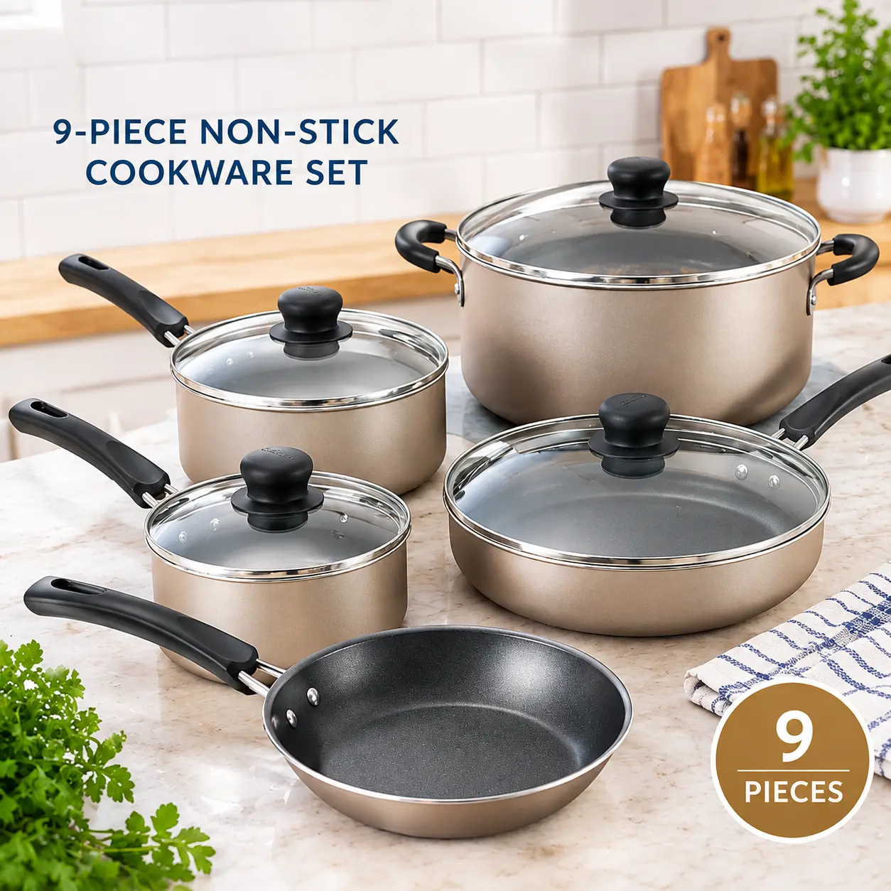 9-Piece Nonstick Cookware Set, Champagne Kitchen Pots & Pans Set for Everyday Cooking