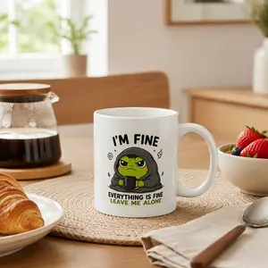 Funny "I’m Fine" Classic 11oz Reusable Washable Stoneware Ceramic Frog Mug, Double-Sided Printed Mood Cup with White-Pink-Black Accents, Office Party Gift for Teachers, Graduation Appreciation Gift