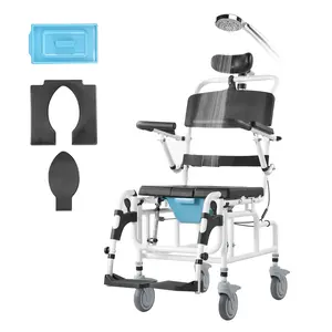 Shower Wheelchair 17.5-Inch Aluminum Alloy Bath Safety Wheelchair For Disabled Adults Waterproof Wet Environment Use Lightweight Portable Design Rust-Resistant Frame Adjustable Height And Backrest Indoor And Outdoor Mobility Aid