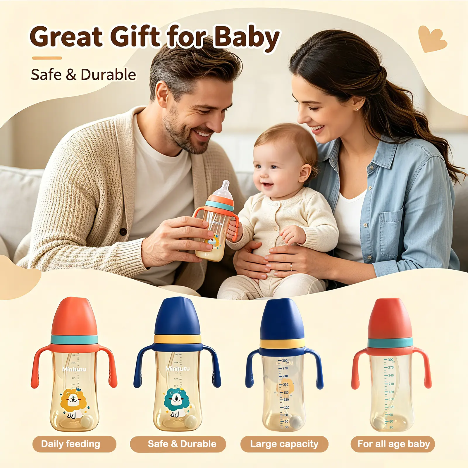 HOTMIR baby feeding bottle 10oz, wide caliber bottle with gravity ball and anti slip handle