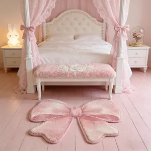 Korean Ins Style Living Room Carpet Pink Bow Bedroom Decoration Bedside Rug Irregular Shape Dressing Table Plush Carpet Cute Washable Floor Mat Fluffy and Soft Non-slip Carpet Soft Shaggy Rug, Fluffy Modern Rug