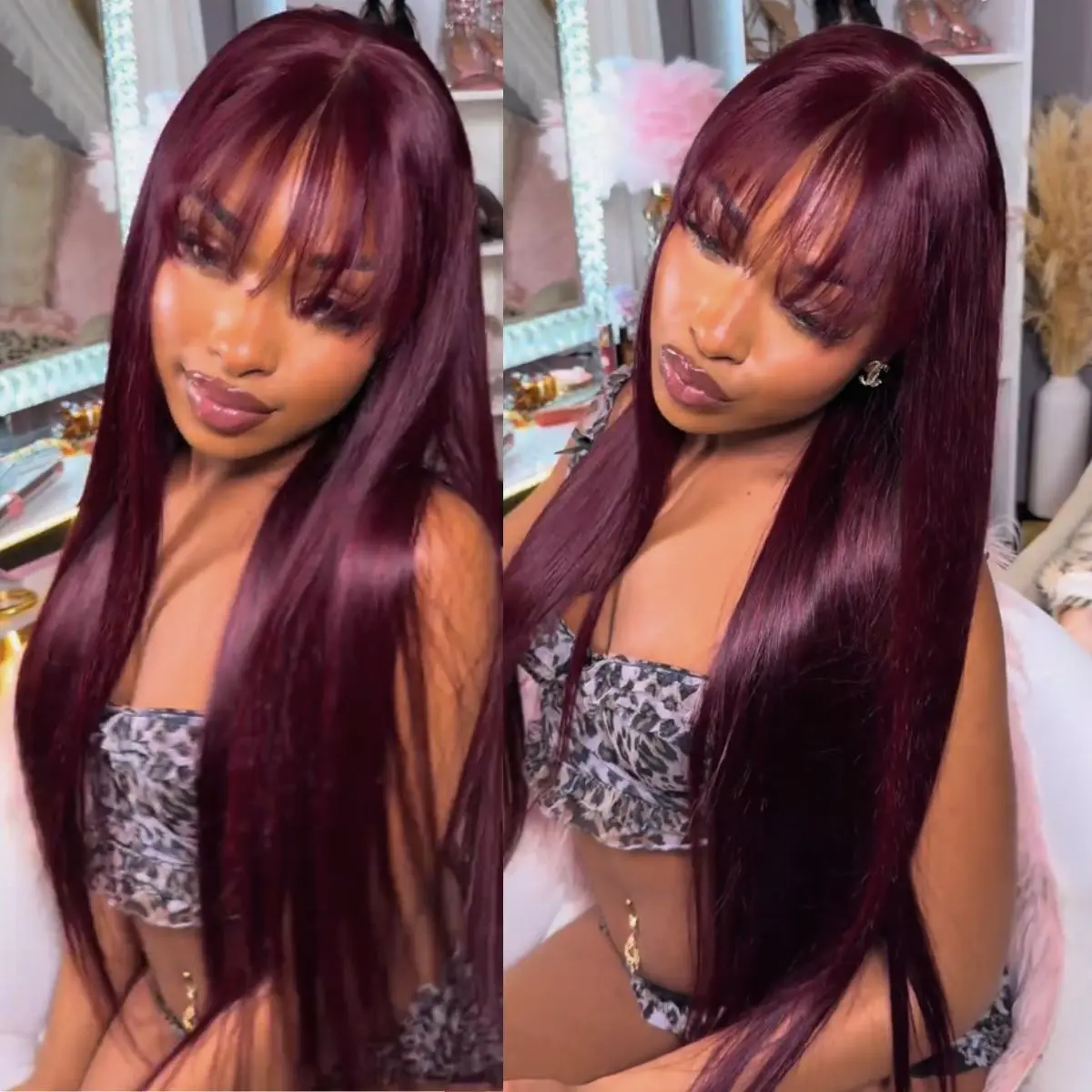 Human Hair Wig Layered Straight with Bangs Glueless Lightweight Daily Wear Julie - OnNat Brunette Layered Cut Wig | 22-inch Salon-level  main image 3