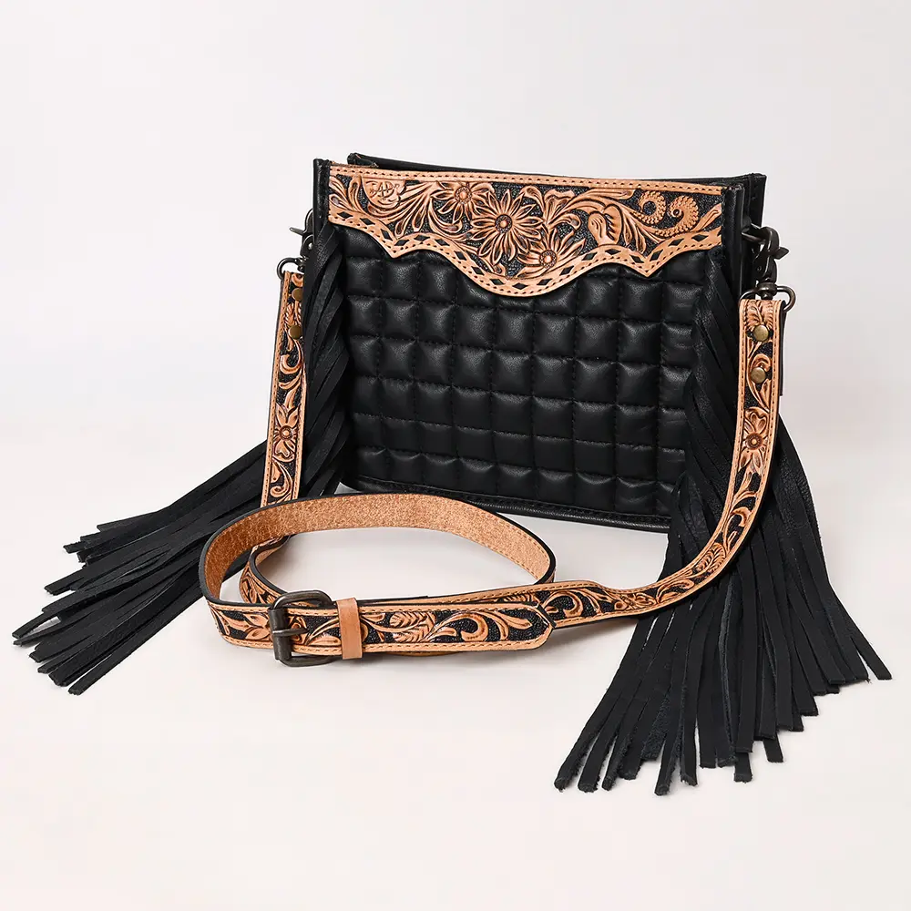 American Darling Black Genuine Leather Crossbody Bag with Hand-Tooled Panel, Fringe Accents, Durable Strap & YKK Zipper