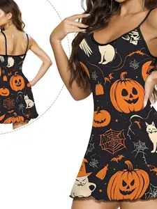 Halloween Pumpkin Witch Hat Pattern Sexy Strap Nightgown Dress for Women, Slim-Fit Sleepwear, Casual Home Wear, Party Cosplay Gift