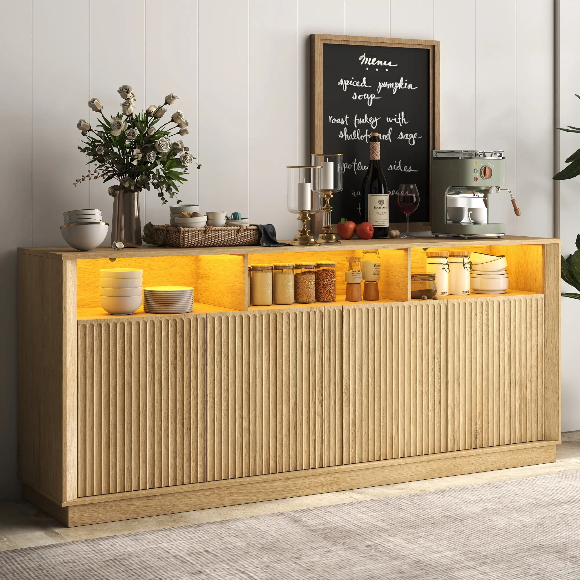 70" Wide Fluted Sideboard Buffet Cabinet with RGB LED Lights, Modern Wood Credenza with Adjustable Shelves, Power Outlet, Wood Credenza Storage Cabinet for Kitchen Dining Room