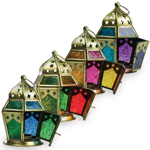 In the Breeze Hex Tealight Lantern - Moroccan-Style Boho Chic Glass and Metal Tabletop Lantern with Stamped Painted Glass Panels and Metal Frame