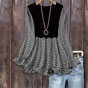 Cherrybetty Houndstooth Print Ruffle Sleeve Top Casual Womenswear Shirts Elegance Soft Cute Fall Outfits Blouses Chic Fall Top