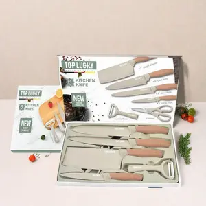 6 Piece Kitchen Knife Set, Chef Knife Set, Khaki  Kitchen Knife Set Sharp Meat Knives for Cooking, Non-Stick Stainless Steel, Ergonomic Design Wood Handle, Chef's Knife, Small Cleaver, Meat Cleaver, Paring Knife, Scissors