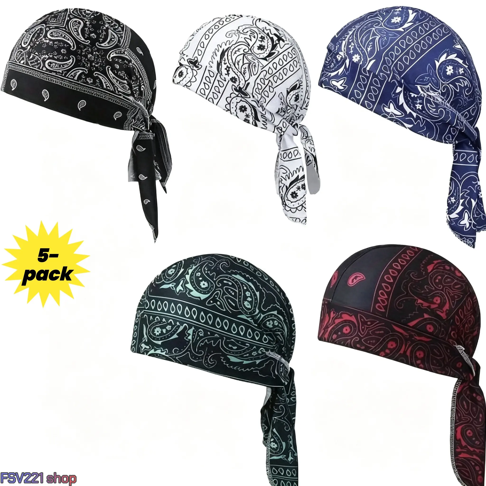 Unisex Adults' 5-Pack Paisley Print Cycling Skull Caps - Sweat-Wicking Hats, Breathable Quick-Dry Clothes Accessories, Bandana Head Wraps for Sports, Daily Outdoor Use Fashion Hats