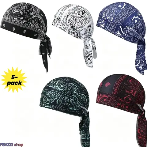 Unisex 5-Pack Retro Skull Cap Hats - Paisley Print, Stretchy Texture, Lightweight, Flexible, Breathable Quick-Dry, Universal Fit (21.65-25.98in), Cost-Effective Casual Fashion Accessories for Biking, Camping