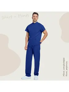 Stand Collar Zipper Scrubs Doctor Nurse Work Uniform Short Sleeve Straight Leg Pants Solid Color
