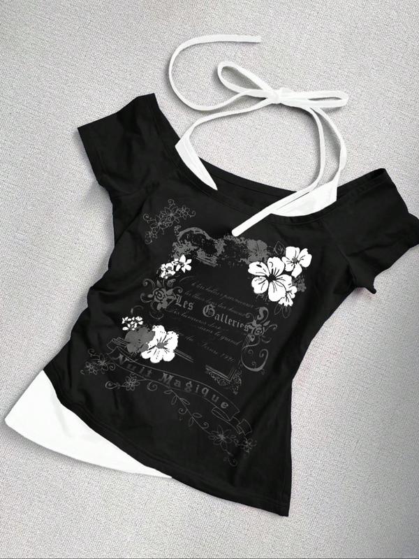 Women's 2 in 1 Floral & Letter Print  Halter Tee, Y2k Casual Top for Summer, Ladies Clothes for Daily Wear