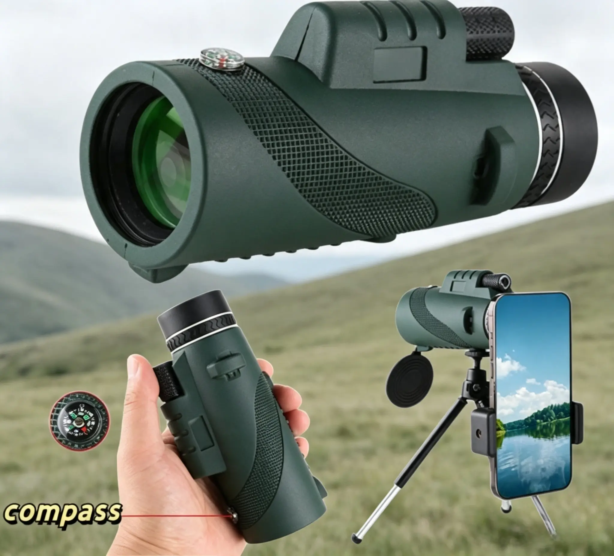 High-Power Monocular Scope 80x100 for Adults, Waterproof with FMC Lens, Includes Smartphone Adapter, Tripod with Mount, and Compass for Bird Watching and Hunting, Tripod Mount, Unisex, Outdoor, Birdwatching, Single Eye, Outdoor Scope, Hunt Gear Accessorie