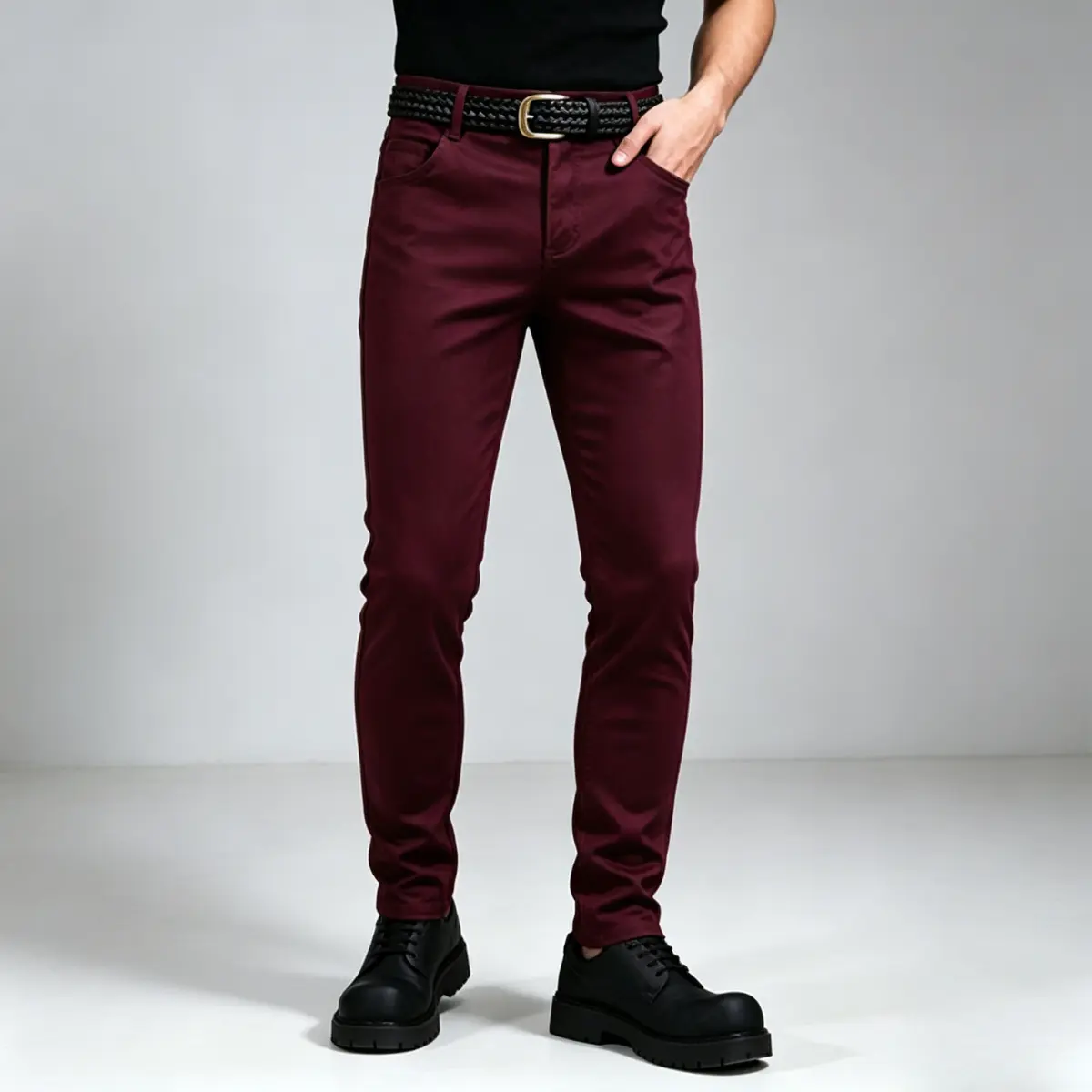 Men’s wine red washed slim fit jeans, minimalist trendy straight-leg long pants