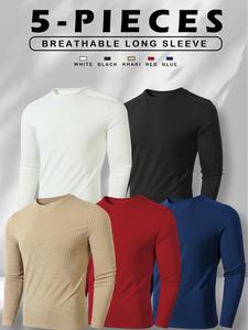 5-piece set of men's long-sleeved shirts, round-neck thermal underwear tops, casual wear