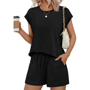 Ekouaer Two Piece Sets for Women Summer Crew Neck Lounge Short Sets Cap Sleeve Drawstring Vacation Outfits with Pocket