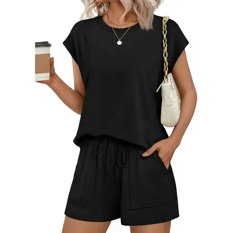 Ekouaer Women's Casual 2-Piece Pajama Set - Lightweight Basic Matching, Round Neck Cap Sleeve Top, Drawstring Waist Pocketed Shorts, Clothes for Women for Summer Vacation