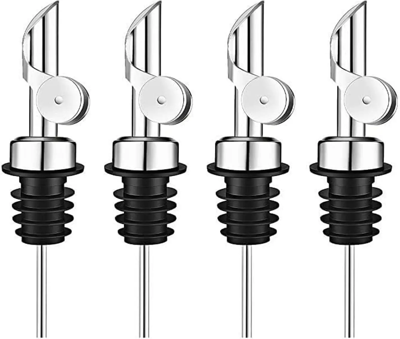 4-Pack Weighted Liquor Bottle Pourers with Auto Flip Cap, Stainless Steel Oil Dispenser Spouts for 3/4 Inch Openings, Leakproof Pour Spouts for Olive Oil, Syrup, and Spirits in Bar or Kitchen