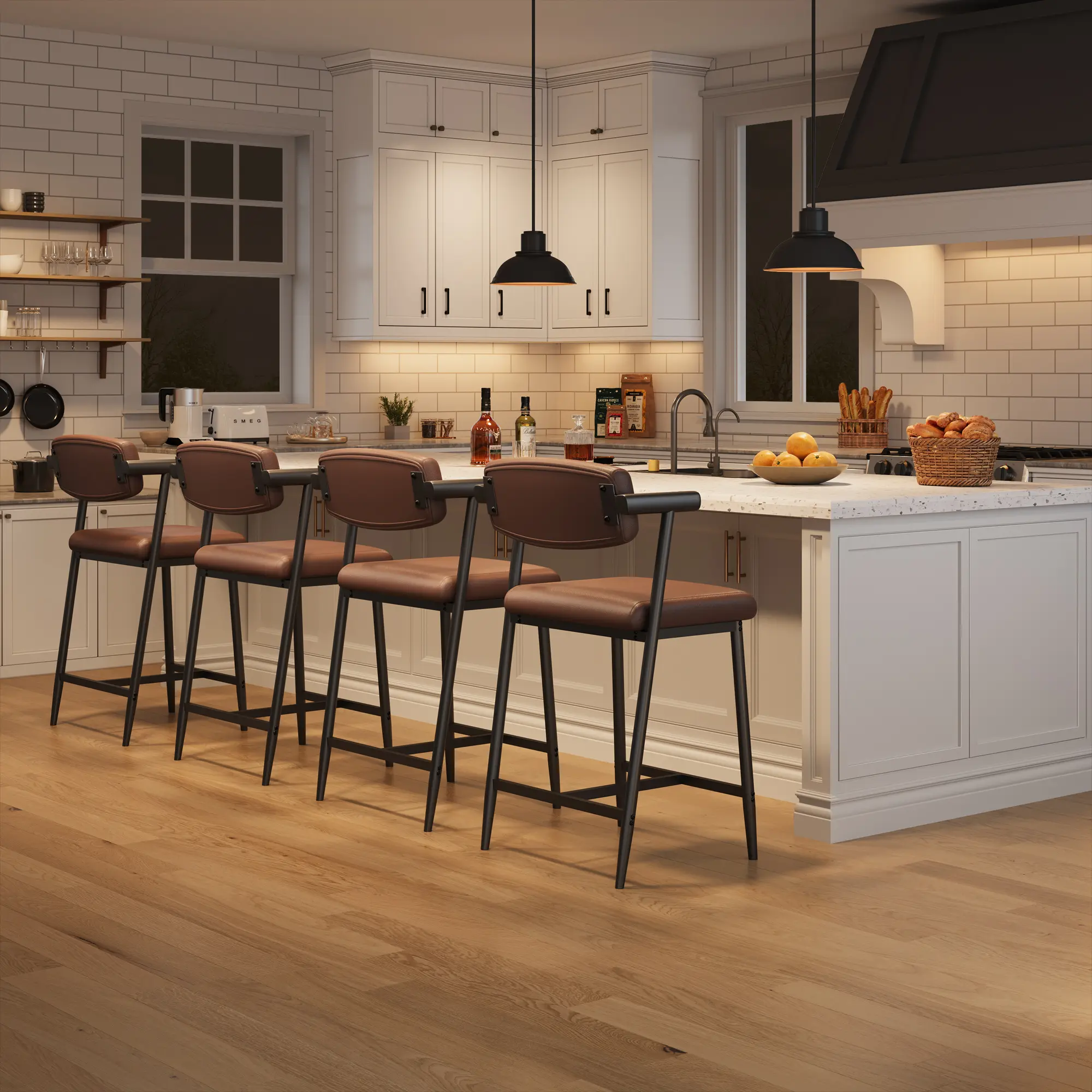 4-Seat Counter Height Bar Stools Set - Decorative Accent Double-Wide Dual-Arm Durable Metal Frame Home Bar Furniture, Modern Upholstered Seat, Contoured Arms, Footrest, Stable H-Base, Easy Setup for Kitchen Island, Decorative Accent Home Bar Furniture