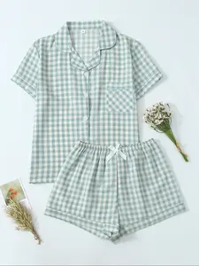 Women's Two-Piece Woven Loungewear Pajama Set, Casual Comfortable Lapel Pocket Fitted Shirt Short Sleeve + Elastic Waist Shorts, All-Season Checkered Plaid Print