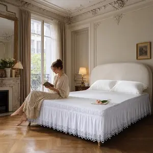 Lace Bed Skirts Wrap Around Ruffled Bed Scarf Elastic Dust with Adjustable Belts 15 Inch Drop    Size Lace Trimmed Bed Skirt (White,  (78 x 80'')-15 Inch Drop)