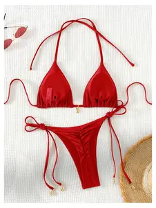 Women's Red Bikini Set - Halter Two Piece Swimsuit Adjustable Tie Straps High Waisted Bathing Suit with Charm Detail for Summer Beach Pool