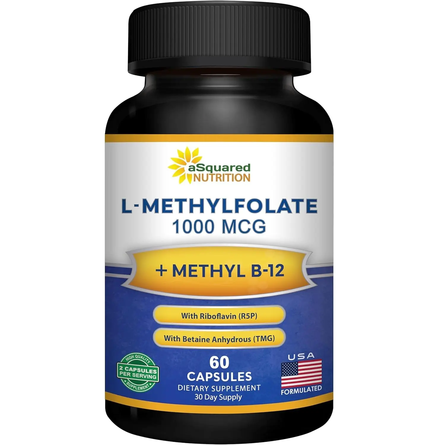 aSquared Nutrition L Methylfolate Plus Methyl B12 - Methylated Folate Supplement for Women & Men - 5-MTHF (Active Vitamin B9) 1000 mcg & B-12 1mg - B Complex - 60 Capsules