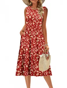 ZEAGOO  Women's Summer Tank Midi Dress with Pockets Sleeveless A-Line Dress Casual Floral T-Shirt Dress Flowy Beach Sundress – Preppy Fall Style for Girls