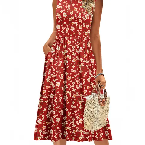 Zeagoo Women's Preppy Lightweight Polyester Blend Floral Dress for Women - Round Neck, Sleeveless, Stretchy, Flowy, Flattering, Colorful A-Line Midi Tank Dress with Side Pockets - Work-to-Party, Casual Wear