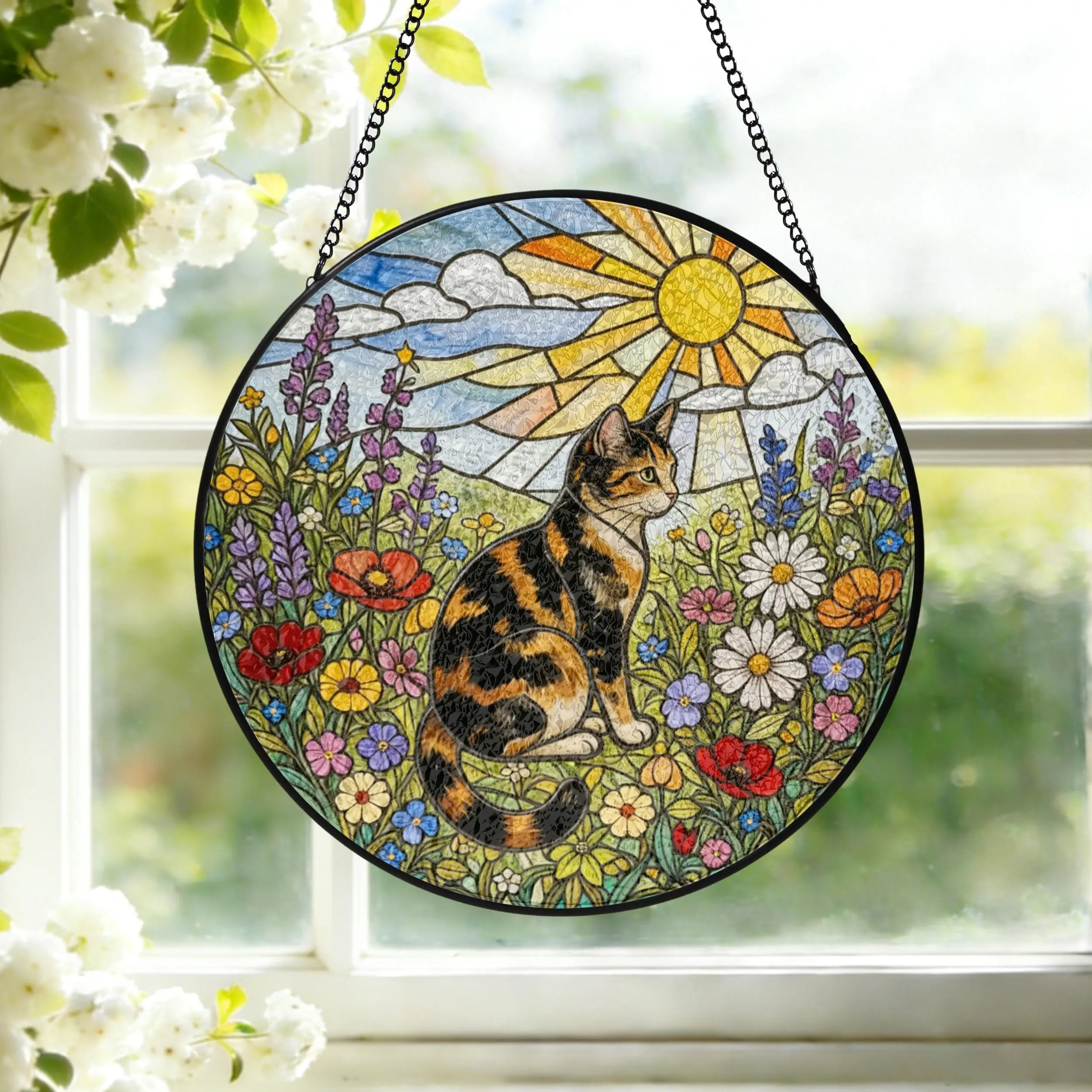 Cat Stained Glass Suncatcher Calico Cat Window Hanging Cat Sun Catcher Cat With Wildflowers Glass Art Gift for Cat Lovers